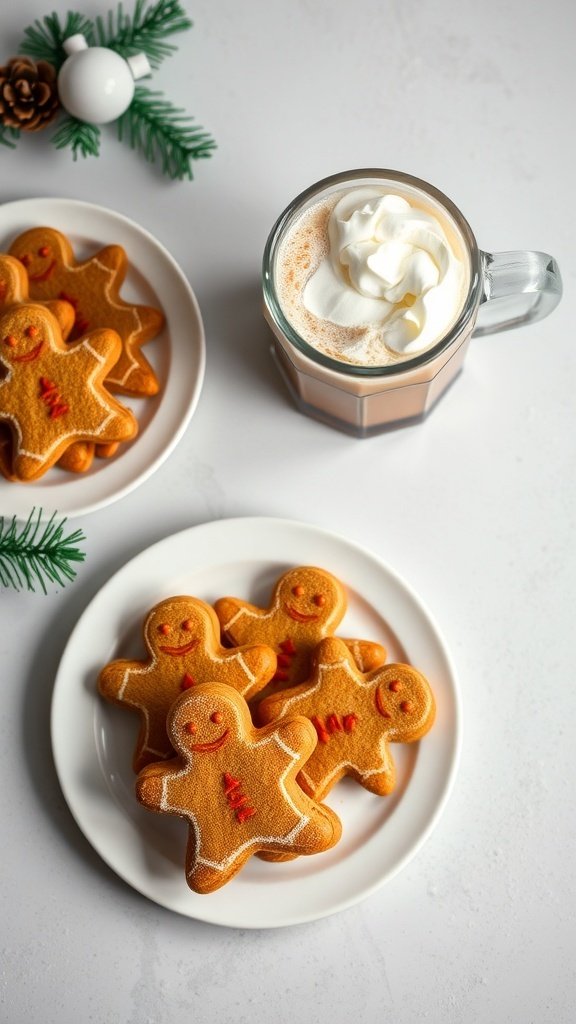 A cozy setting with gingerbread cookies and a glass of Irish coffee topped with whipped cream.