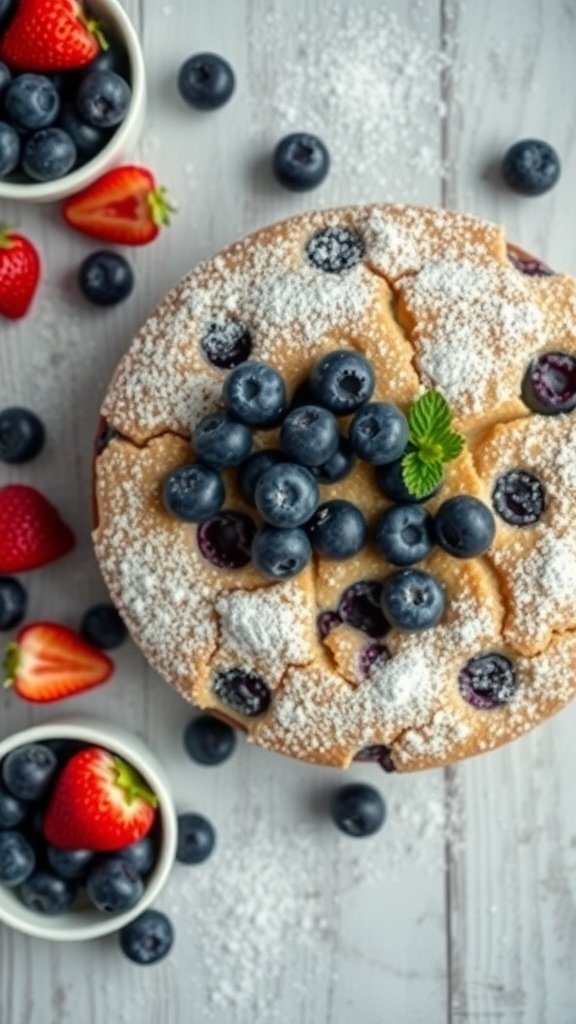 Blueberry Sour Cream Coffee Cake topped with fresh blueberries and strawberries