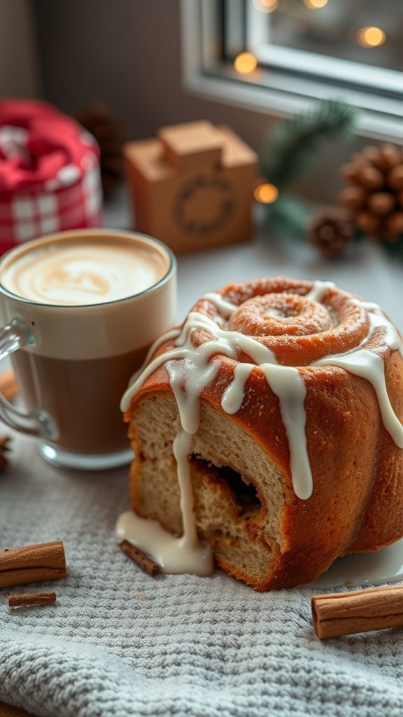 A slice of cinnamon roll cake with a cappuccino in a cozy setting.