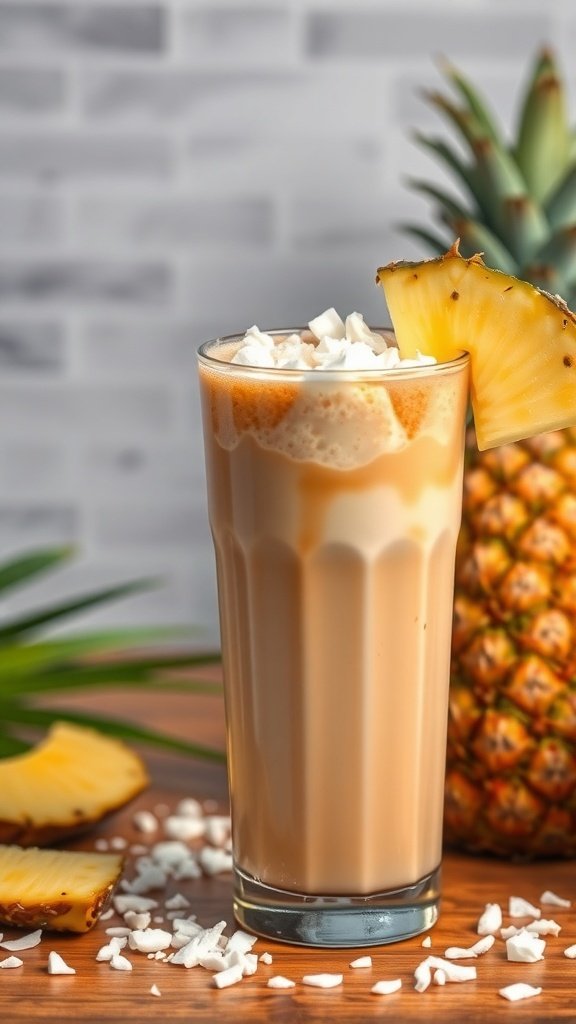 A glass of Coconut Cream Iced Coffee topped with whipped cream and a slice of pineapple, surrounded by coconut flakes and pineapple slices.