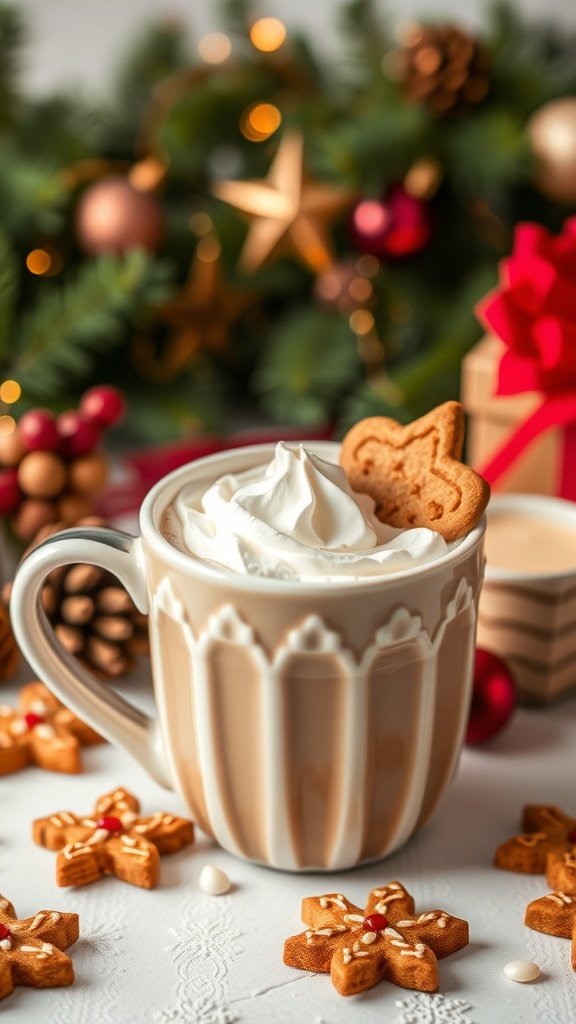 A festive gingerbread chai latte topped with whipped cream and a gingerbread cookie, surrounded by holiday decorations.