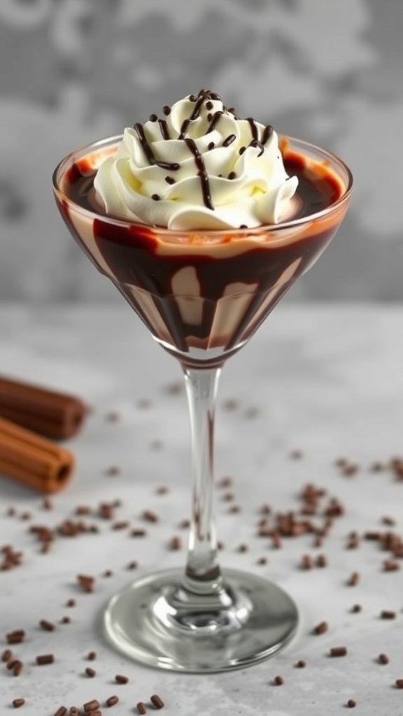A coffee martini topped with whipped cream and chocolate syrup in a glass.