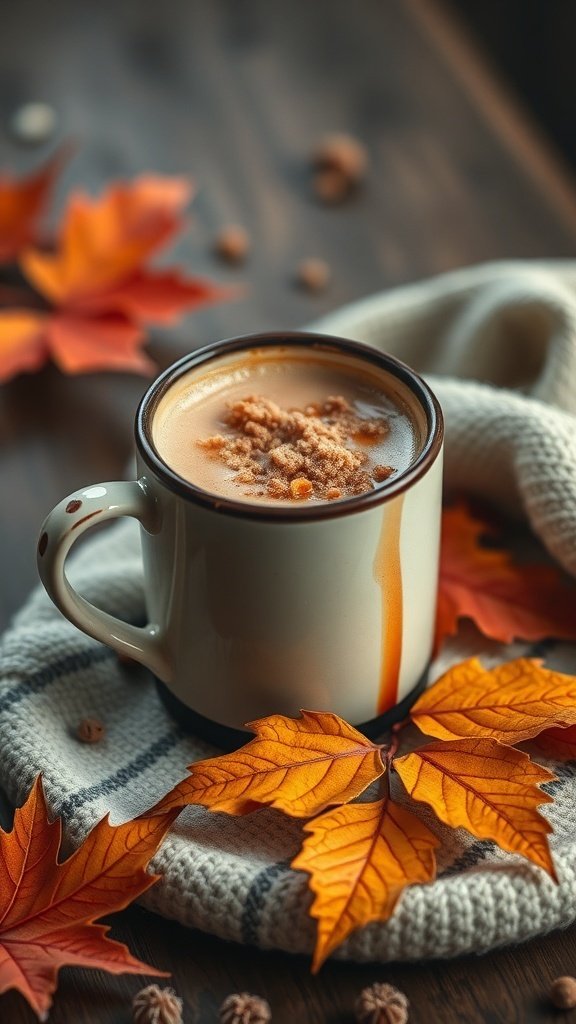 A cozy mug of Maple Brown Sugar Chai Latte surrounded by autumn leaves and a knitted blanket.