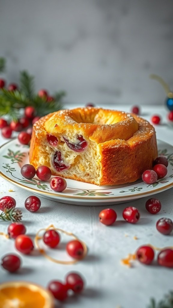 A delicious cranberry orange cake surrounded by fresh cranberries and orange peels.