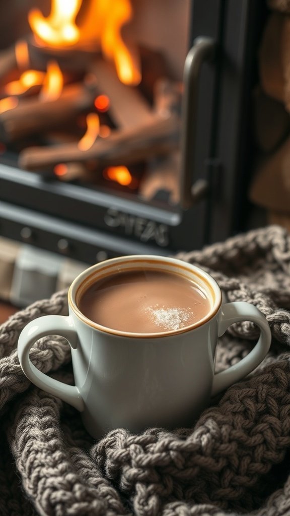 A cozy mug of hazelnut mocha cocoa sitting on a knitted blanket, with a fireplace in the background.