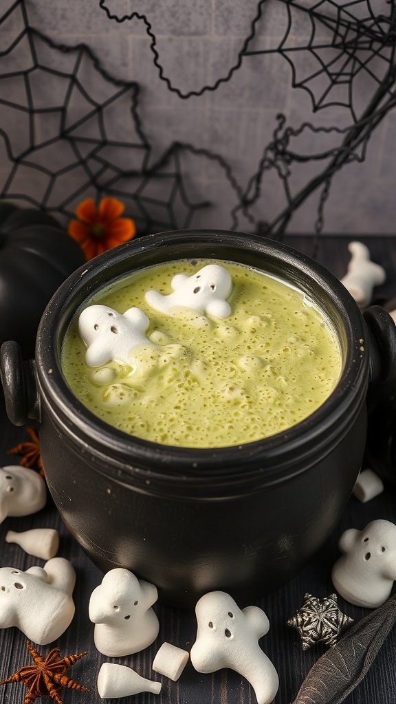 A cauldron filled with green hot chocolate topped with ghost marshmallows, surrounded by Halloween decorations.