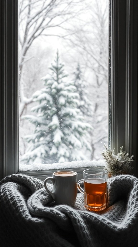 Two mugs of warm drinks on a cozy blanket by a snowy window