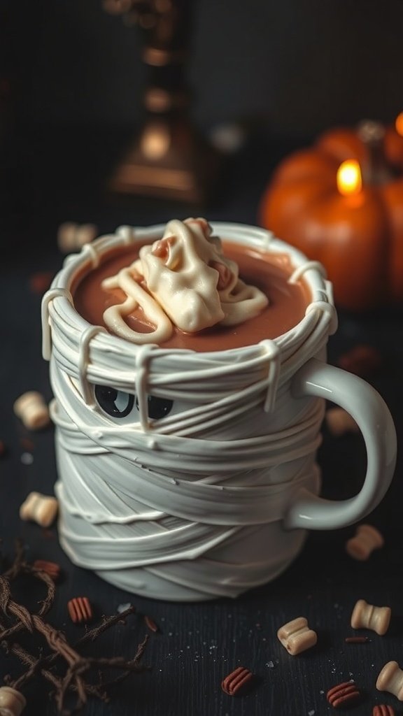 A mug of hot chocolate decorated to look like a mummy, with white chocolate wrapping and cute eyes, surrounded by Halloween-themed decorations.