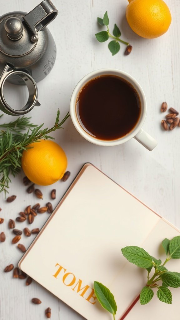 A cozy coffee setup with a mug of coffee, lemons, herbs, and coffee beans on a wooden surface.