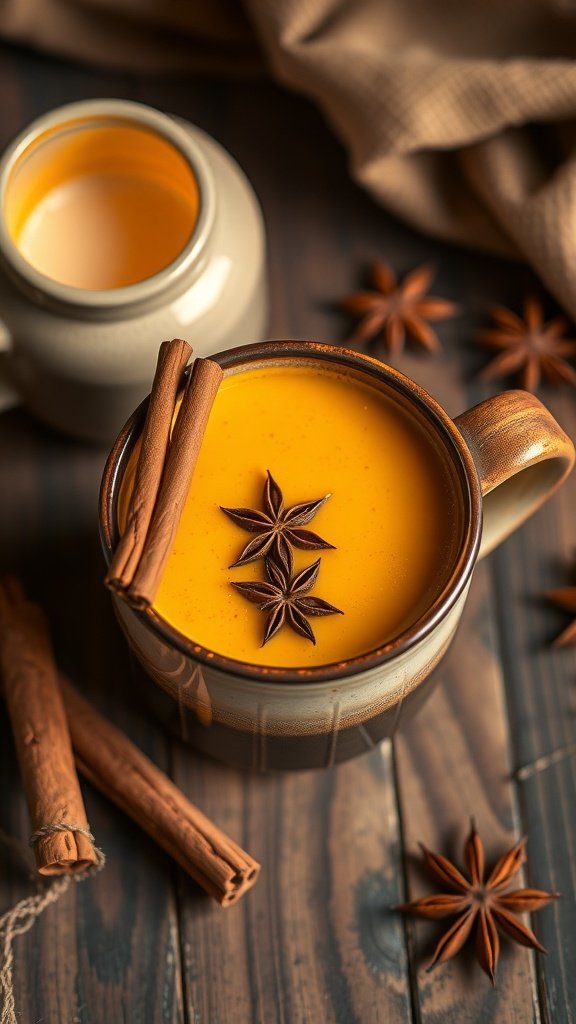 A cozy cup of Golden Milk Chai with cinnamon and star anise on a wooden table.