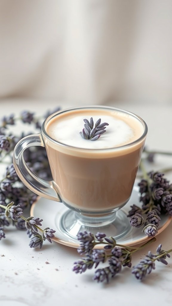 A glass of Spring Lavender Latte topped with lavender flowers, surrounded by lavender sprigs.