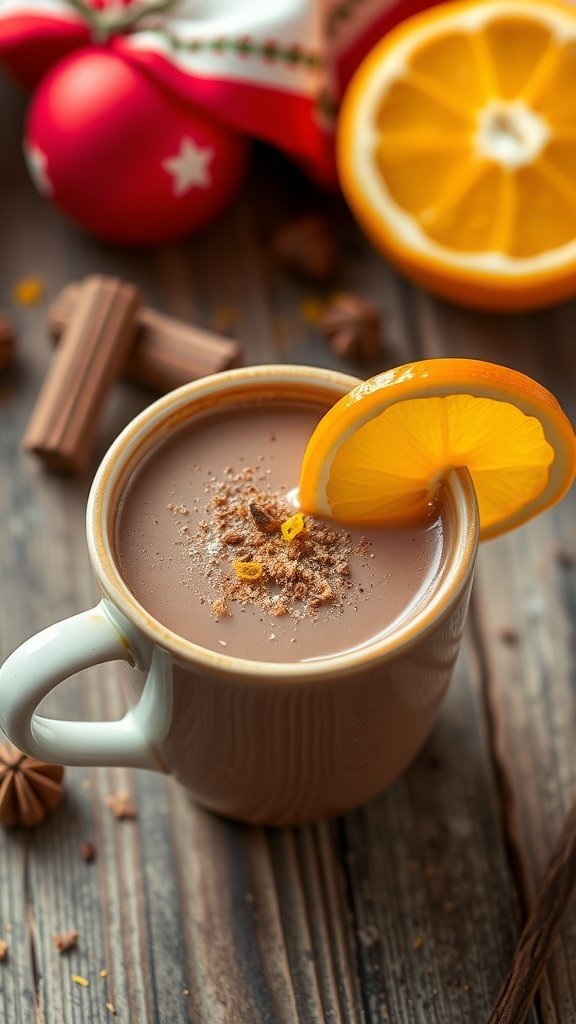 A cozy cup of Nutmeg and Orange Zest Hot Chocolate with a slice of orange and star anise on a wooden table.