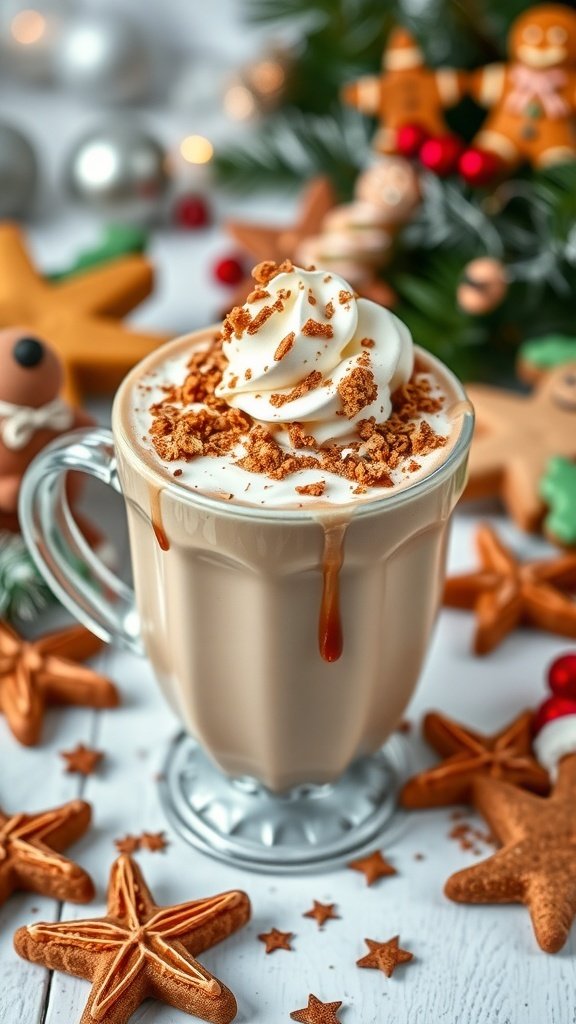 A mug of gingerbread hot chocolate topped with whipped cream and crushed gingerbread, surrounded by festive cookies and decorations.