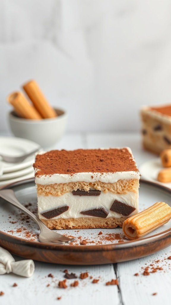 A slice of tiramisu without coffee on a plate, with chocolate pieces and ladyfingers in the background.