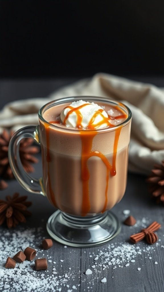 A mug of salted caramel hot chocolate topped with whipped cream and caramel drizzle, surrounded by chocolate pieces and pine cones.