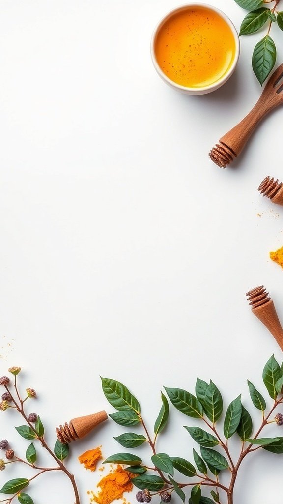 A bowl of golden milk turmeric latte with honey and turmeric powder on a white background.
