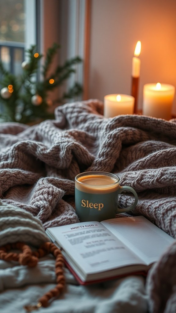 A cozy setting with a mug labeled 'Sleep', candles, and a knitted blanket.