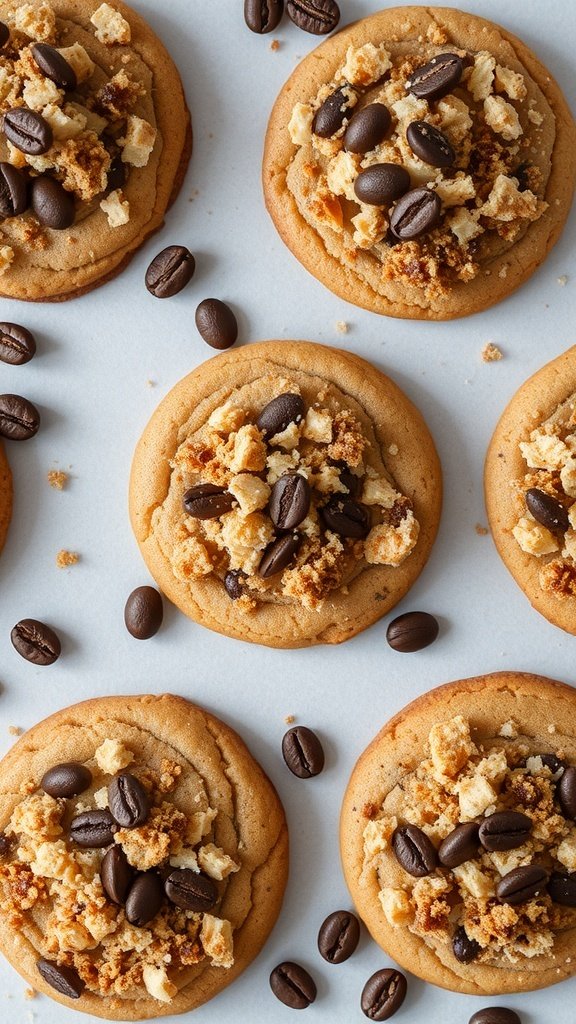 Coffee cake cookies topped with crumbled cake and coffee beans.