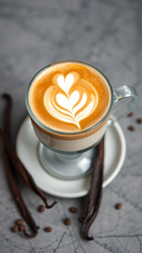 A beautifully crafted vanilla latte with latte art, surrounded by vanilla pods.