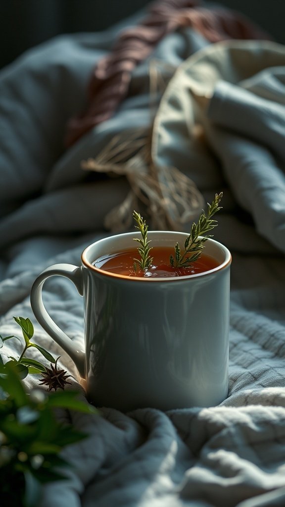 A cozy cup of herbal tea with herbs on a soft blanket