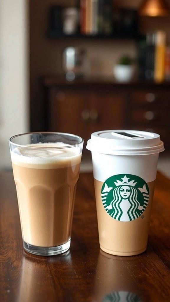 Two cups of pumpkin spice latte, one from Starbucks and one homemade, showcasing their creamy texture and warm colors.