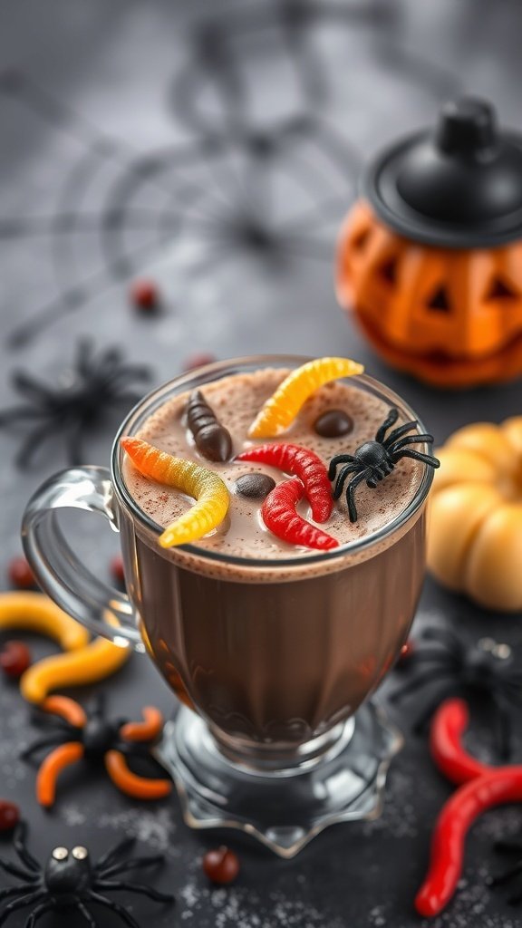 A cup of hot chocolate topped with gummy worms and a spider, surrounded by Halloween decorations.