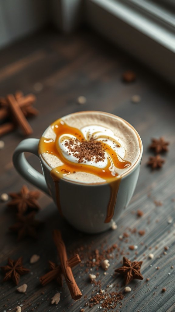 A delicious pumpkin spice latte topped with whipped cream and caramel drizzle, surrounded by cinnamon sticks and star anise.