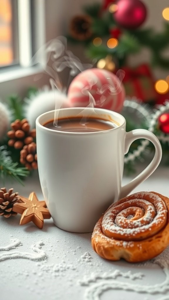 A steaming cup of coffee next to a cinnamon roll, surrounded by holiday decorations.