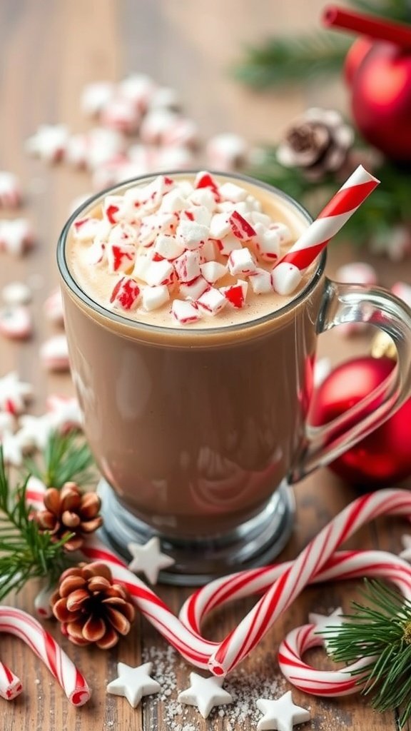 A mug of Peppermint Bark Cocoa topped with crushed peppermint candies, surrounded by candy canes and festive decorations.