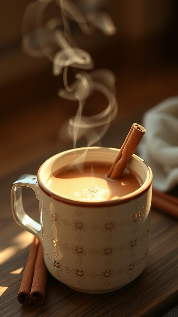 A steaming cup of Maple Brown Sugar Chai Latte with a cinnamon stick