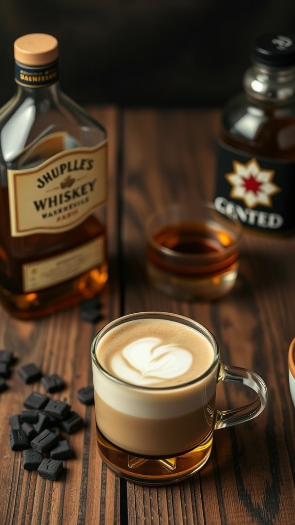 A glass of Irish coffee topped with whipped cream, surrounded by whiskey bottles and sugar cubes.