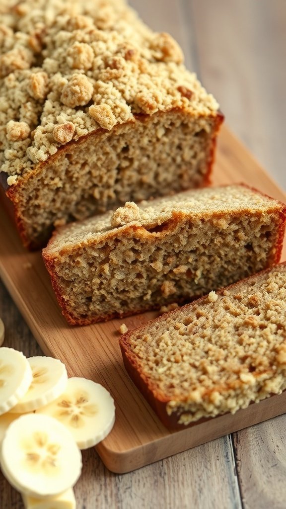A loaf of coffee cake banana bread sliced on a wooden board with banana slices beside it.