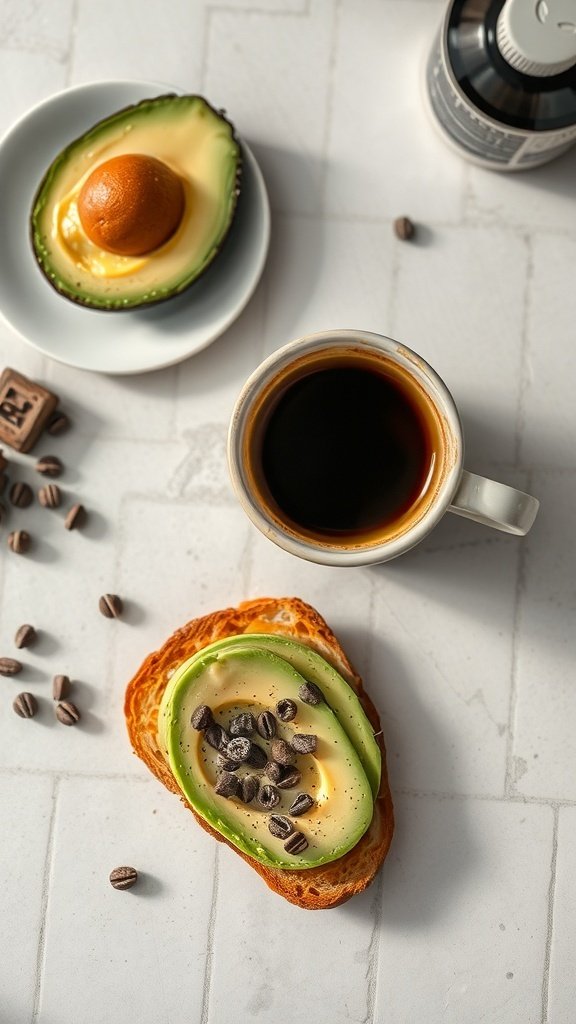 A cup of coffee next to avocado toast and an avocado dessert, with coffee beans scattered around.