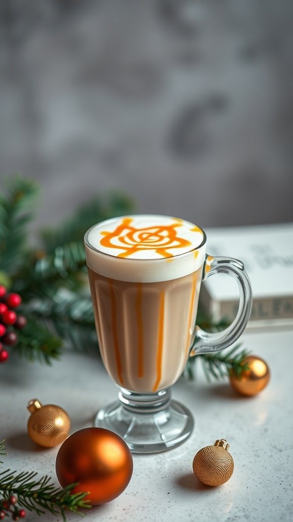 A Vanilla Bean Latte with caramel drizzle, surrounded by festive decorations.