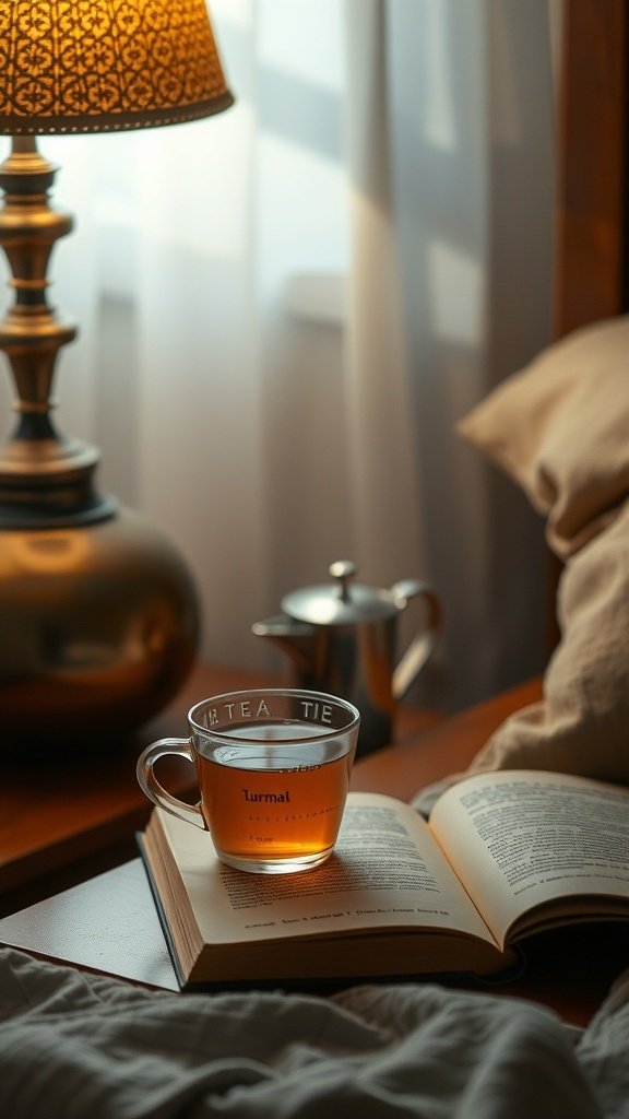 A cozy scene with a cup of turmeric tea on an open book, illuminated by a warm lamp.