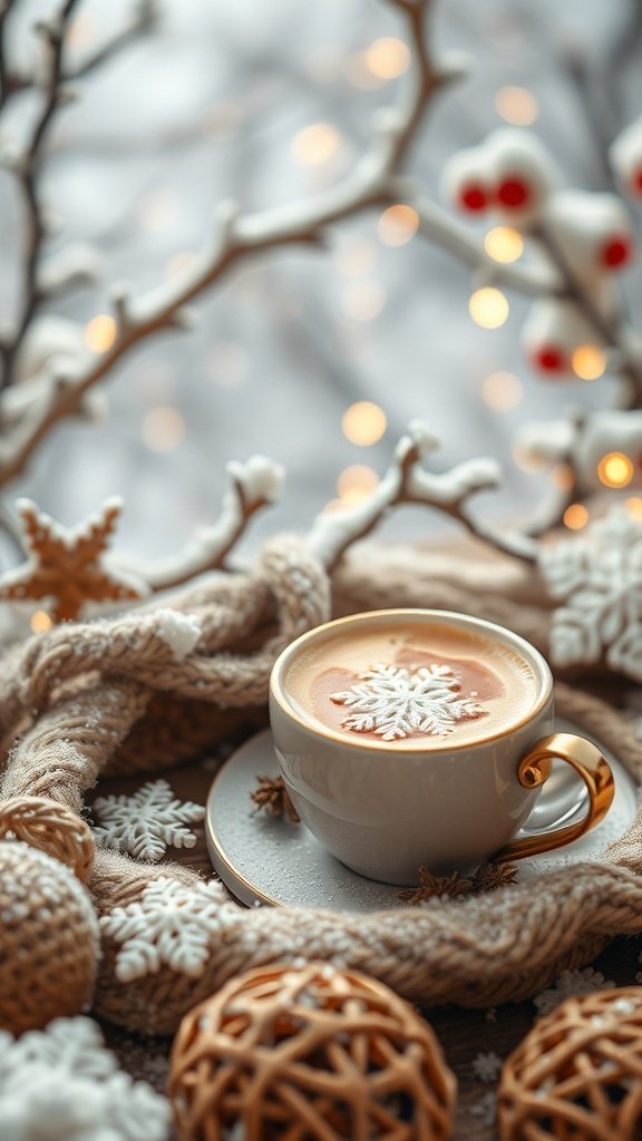 A cozy gingerbread chai latte in a white mug with a golden handle, surrounded by festive decorations and soft textures.