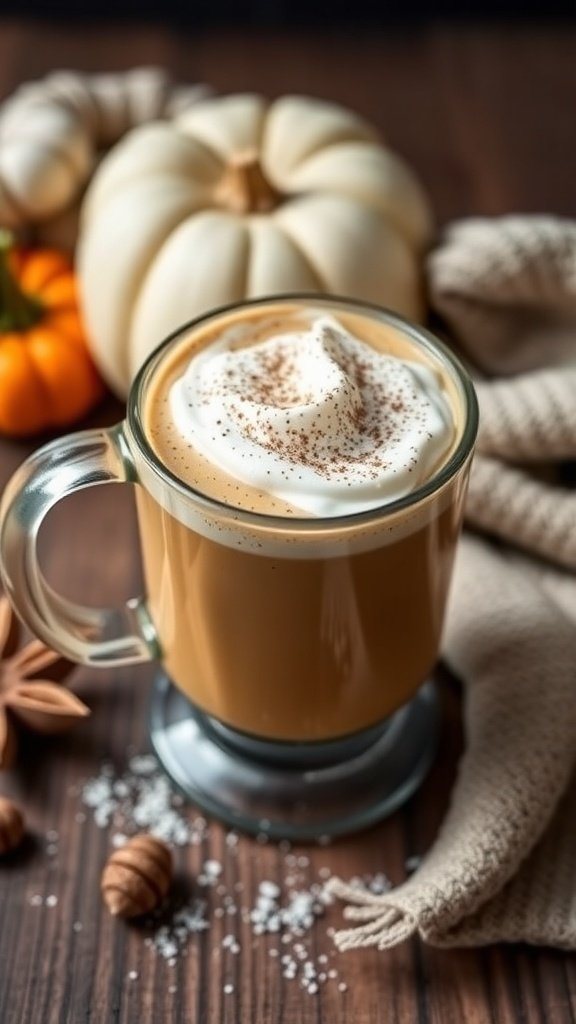 A cozy pumpkin cream chai latte topped with whipped cream, surrounded by pumpkins and autumn decor.