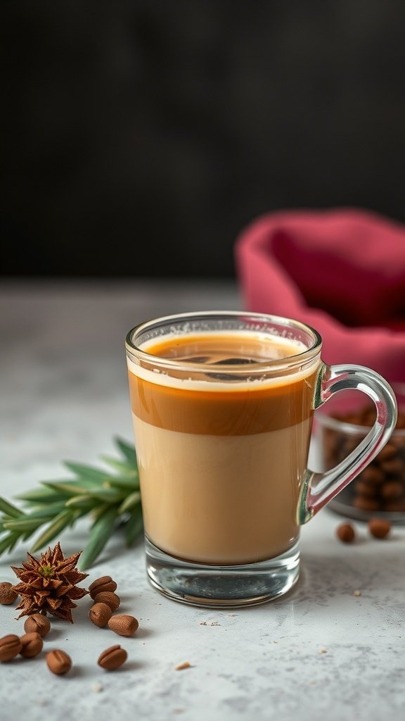 A glass of layered coffee with spices and coffee beans around it.