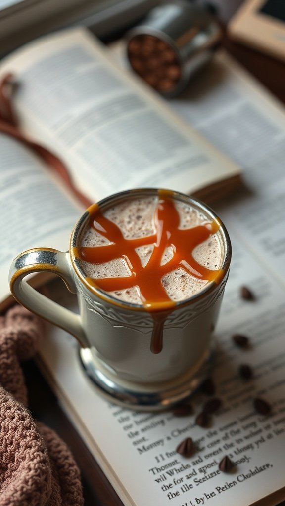 A cozy mug of Caramel Mocha Mexican Hot Chocolate topped with caramel drizzle, placed on an open book with coffee beans scattered around.