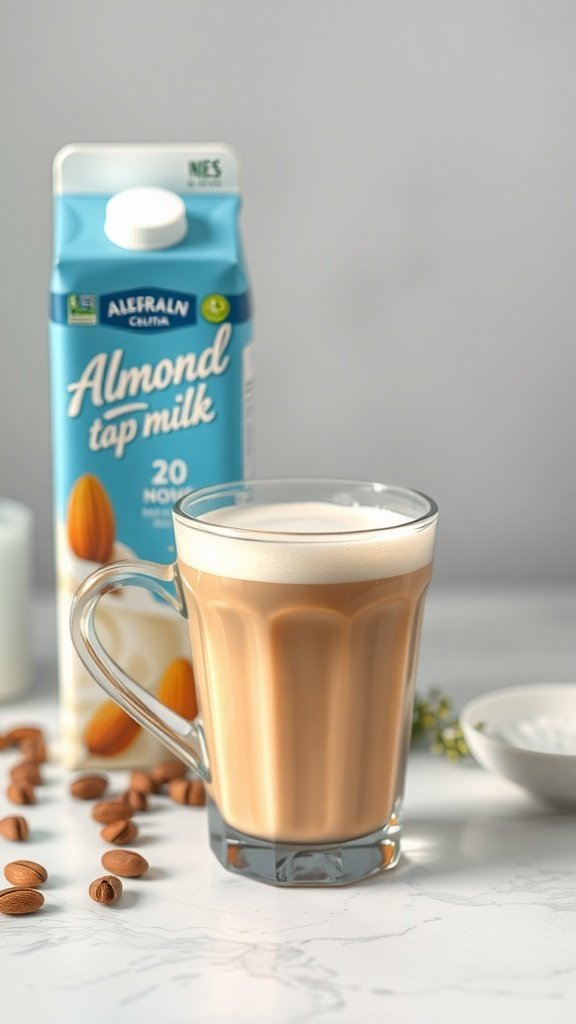 A glass of golden milk latte made with almond milk, surrounded by almonds and a carton of almond milk.