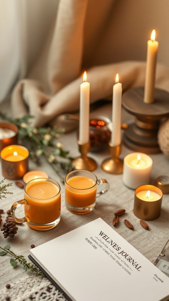A cozy setup with two mugs of golden milk chai, candles, and a wellness journal.