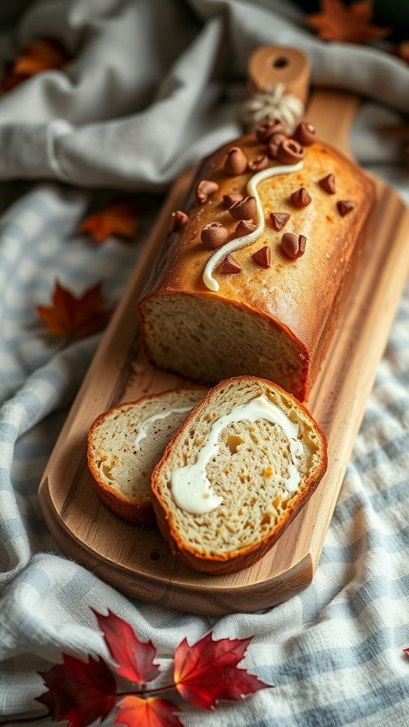 A loaf of coffee cake with slices on a wooden board, surrounded by autumn leaves.