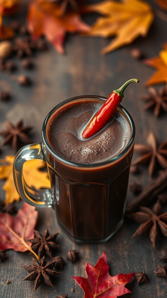 A mug of spicy Aztec chocolate topped with a chili pepper, surrounded by autumn leaves and spices.