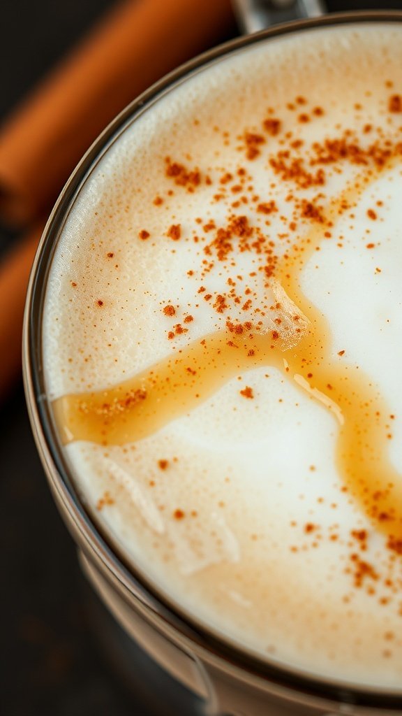 Close-up of a creamy vanilla latte topped with cinnamon