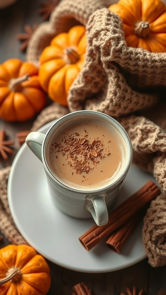 A cozy cup of Maple Brown Sugar Chai Latte surrounded by pumpkins and a knitted scarf.