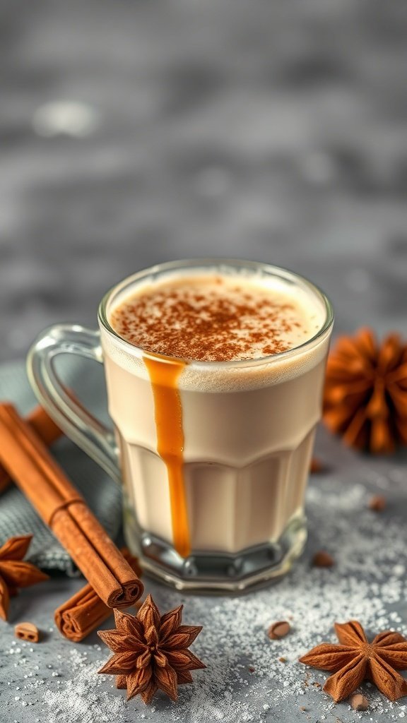 A delicious maple brown sugar chai latte in a glass mug, surrounded by cinnamon sticks and star anise.