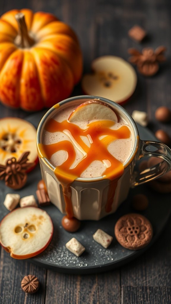 A cozy mug of caramel apple hot chocolate topped with caramel drizzle and apple slices, surrounded by Halloween-themed decorations.
