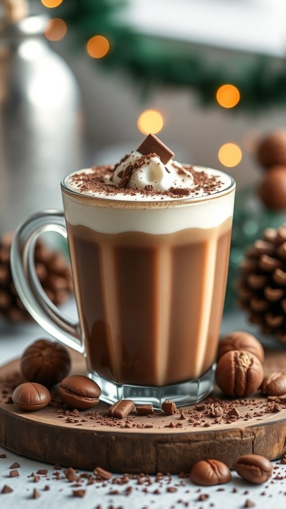 A cozy cup of chocolate hazelnut coffee topped with whipped cream and cocoa powder, surrounded by coffee beans and festive decorations.