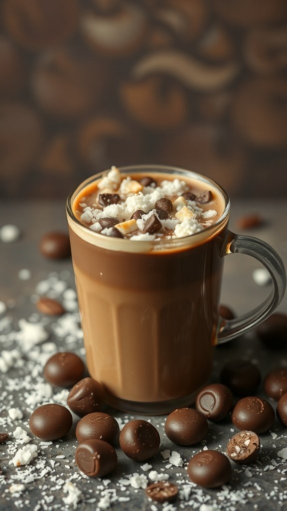 A mug of Almond Joy Coffee topped with coconut flakes and surrounded by chocolate candies.