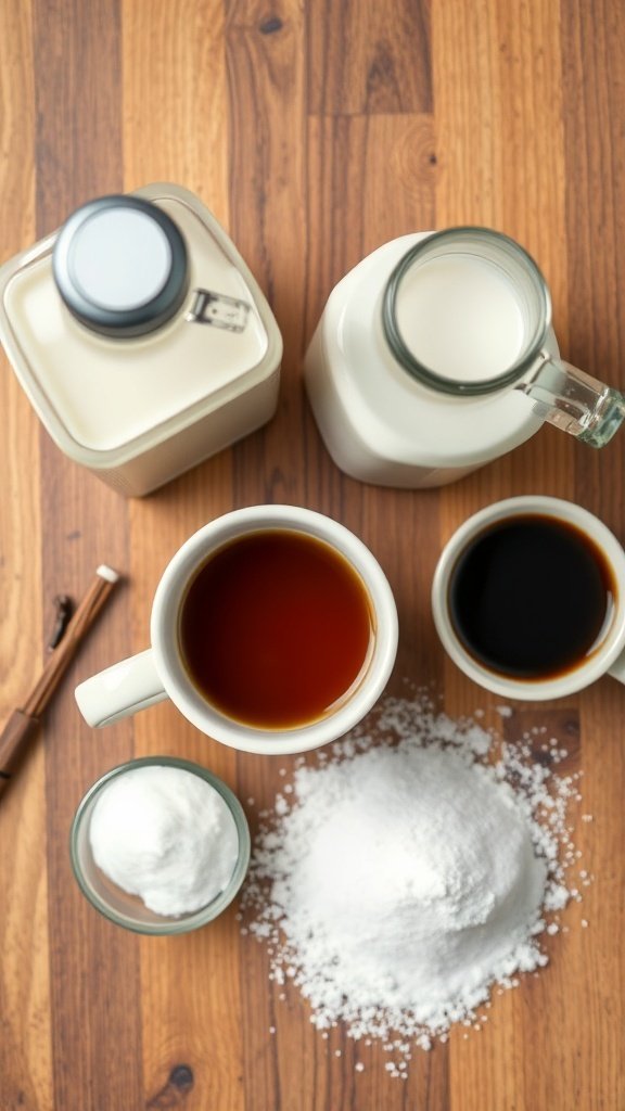 Ingredients for a homemade vanilla latte including coffee, milk, sugar, and vanilla extract.